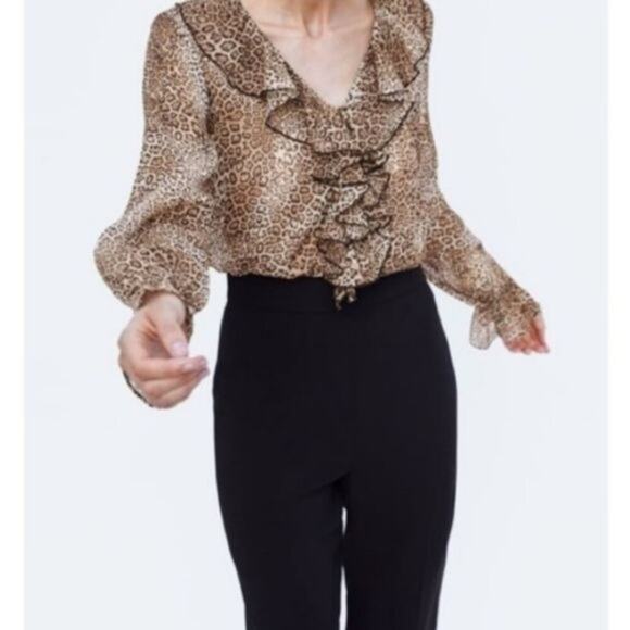 Zara Accessories Bodysuit Womens Small Brown Sheer Leopard Ruffled Animal Print - Picture 5 of 11
